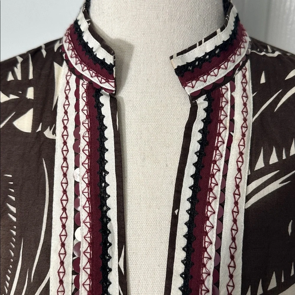 Tory Burch Beach Tunic Brown Palm Fronds Tropical Flamingo Size 6 Sequins - Picture 3 of 12